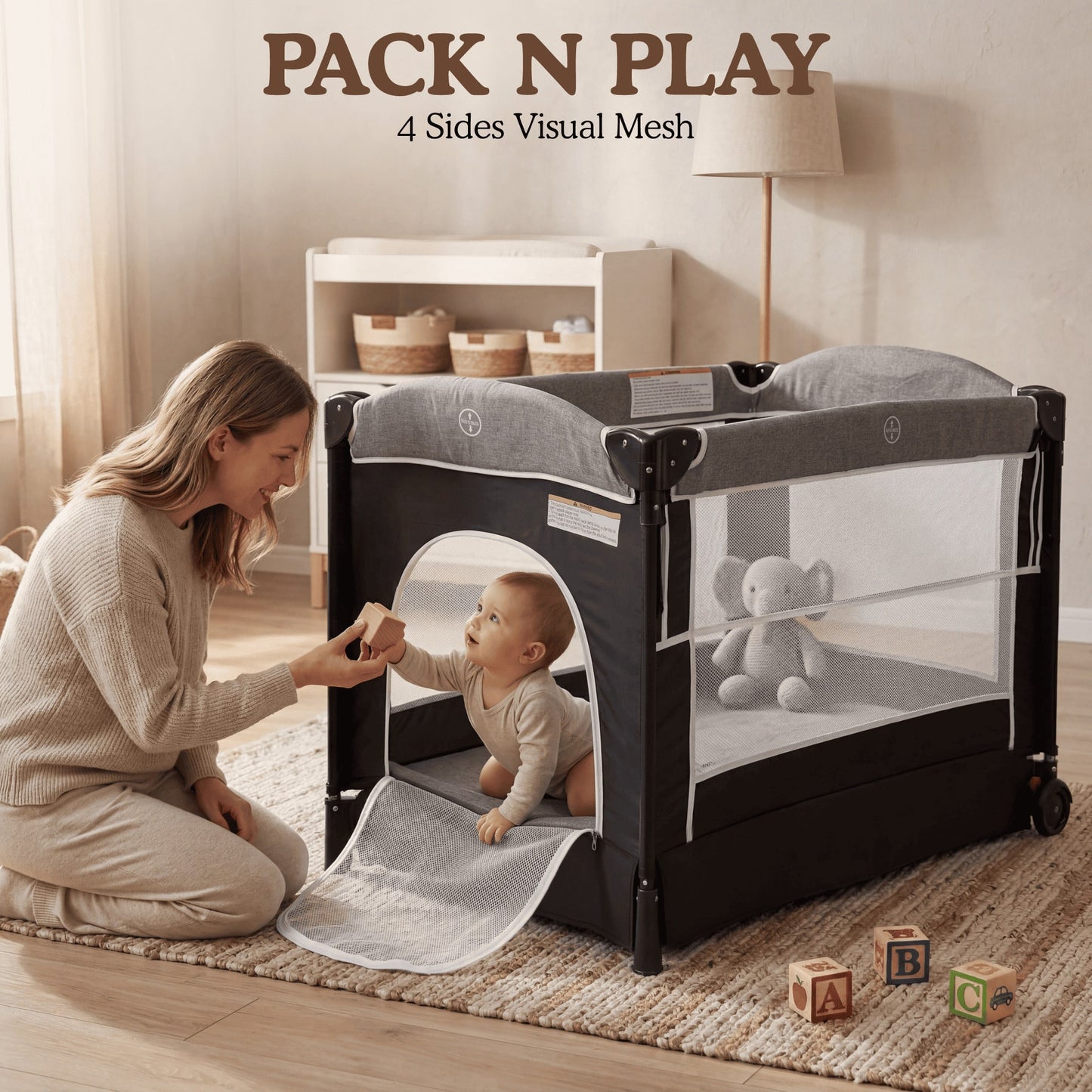 Kinder King 4 In 1 Baby Bassinet Bedside Crib, Foldable Portable Infant Crib With Storage Basket For Newborns, Dark Grey