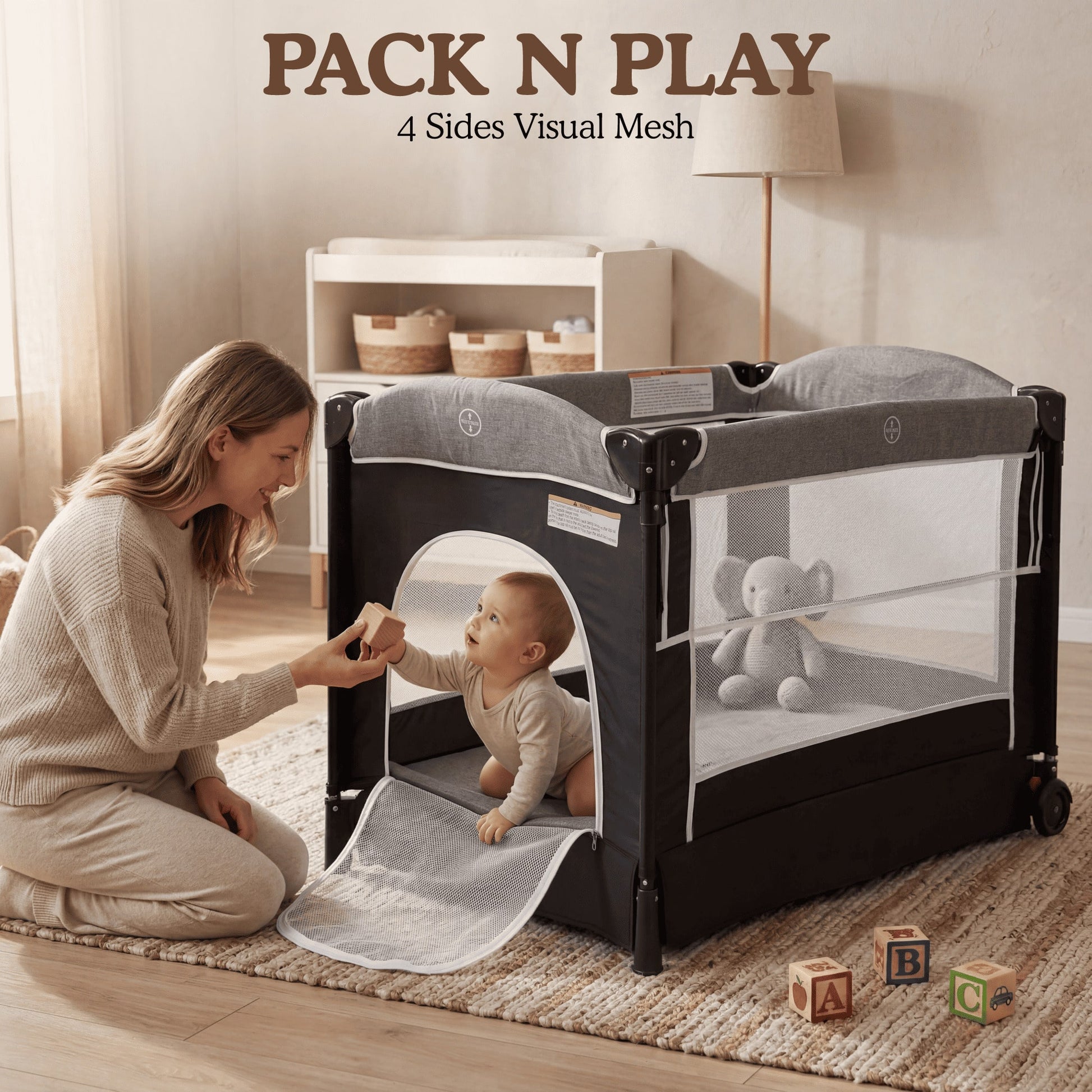 Kinder King 4 In 1 Baby Bassinet Bedside Crib, Foldable Portable Infant Crib With Storage Basket For Newborns, Dark Grey