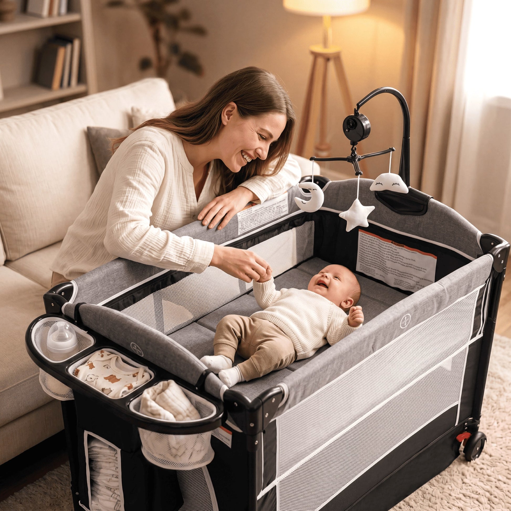 Kinder King 4 In 1 Baby Bassinet Bedside Crib, Foldable Portable Infant Crib With Storage Basket For Newborns, Dark Grey