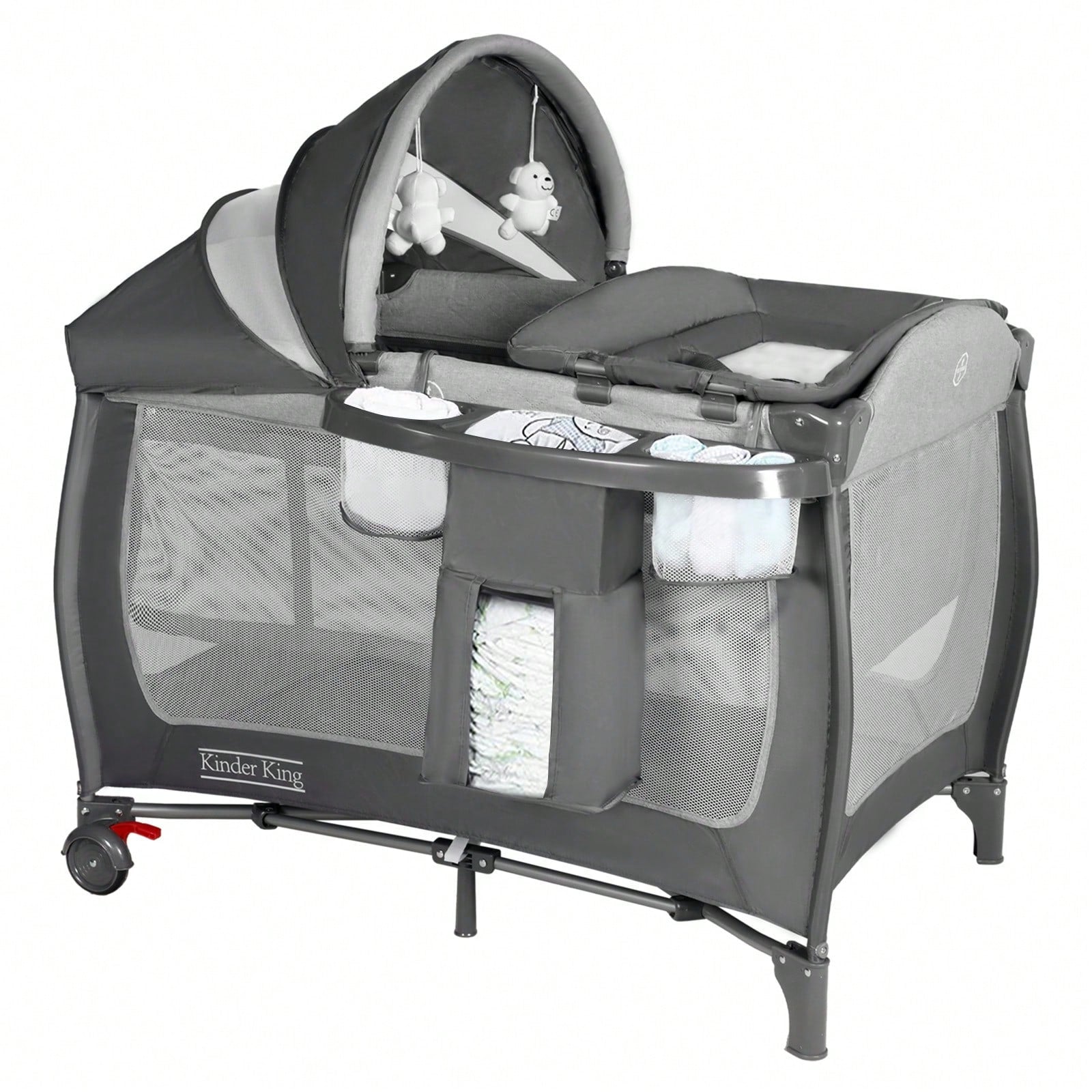 Kinder King 4-In-1 Portable Baby Bassinet, Foldable Bedside Crib With Adjustable Canopy, Storage Basket For Infants & Toddlers, Gray