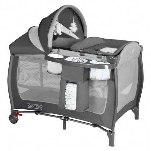 Kinder King 4-In-1 Portable Baby Bassinet, Foldable Bedside Crib With Adjustable Canopy, Storage Basket For Infants & Toddlers, Gray