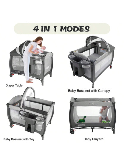 Kinder King 4-In-1 Portable Baby Bassinet, Foldable Bedside Crib With Adjustable Canopy, Storage Basket For Infants & Toddlers, Gray