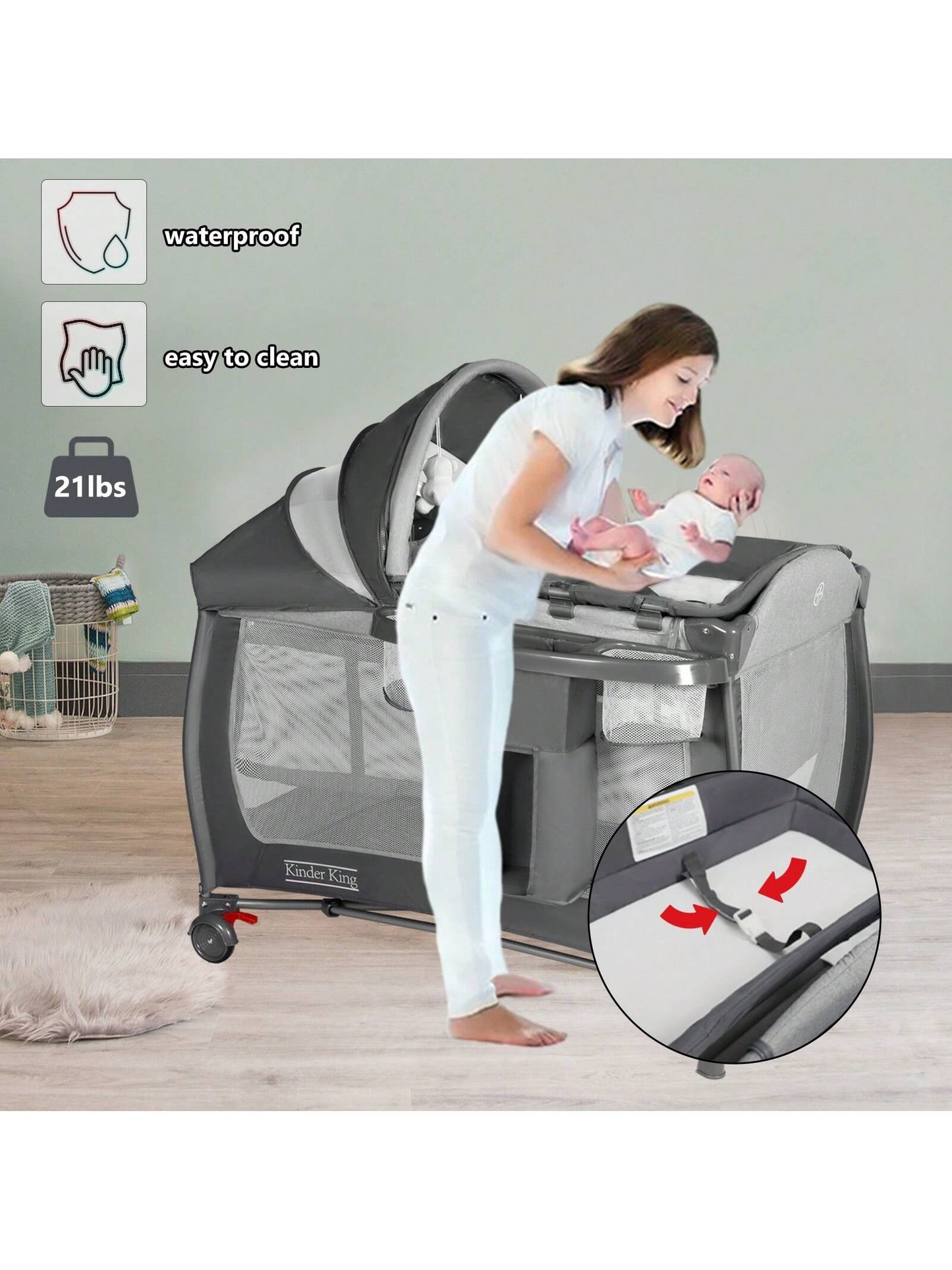 Kinder King 4-In-1 Portable Baby Bassinet, Foldable Bedside Crib With Adjustable Canopy, Storage Basket For Infants & Toddlers, Gray