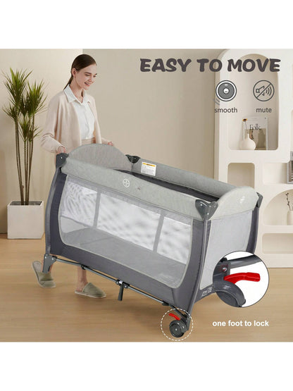 Kinder King 4-In-1 Portable Baby Bassinet, Foldable Bedside Crib With Adjustable Canopy, Storage Basket For Infants & Toddlers, Gray