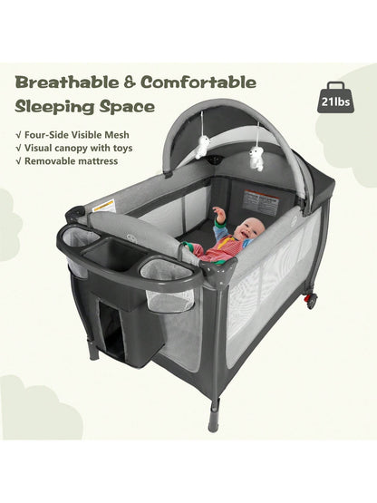 Kinder King 4-In-1 Portable Baby Bassinet, Foldable Bedside Crib With Adjustable Canopy, Storage Basket For Infants & Toddlers, Gray