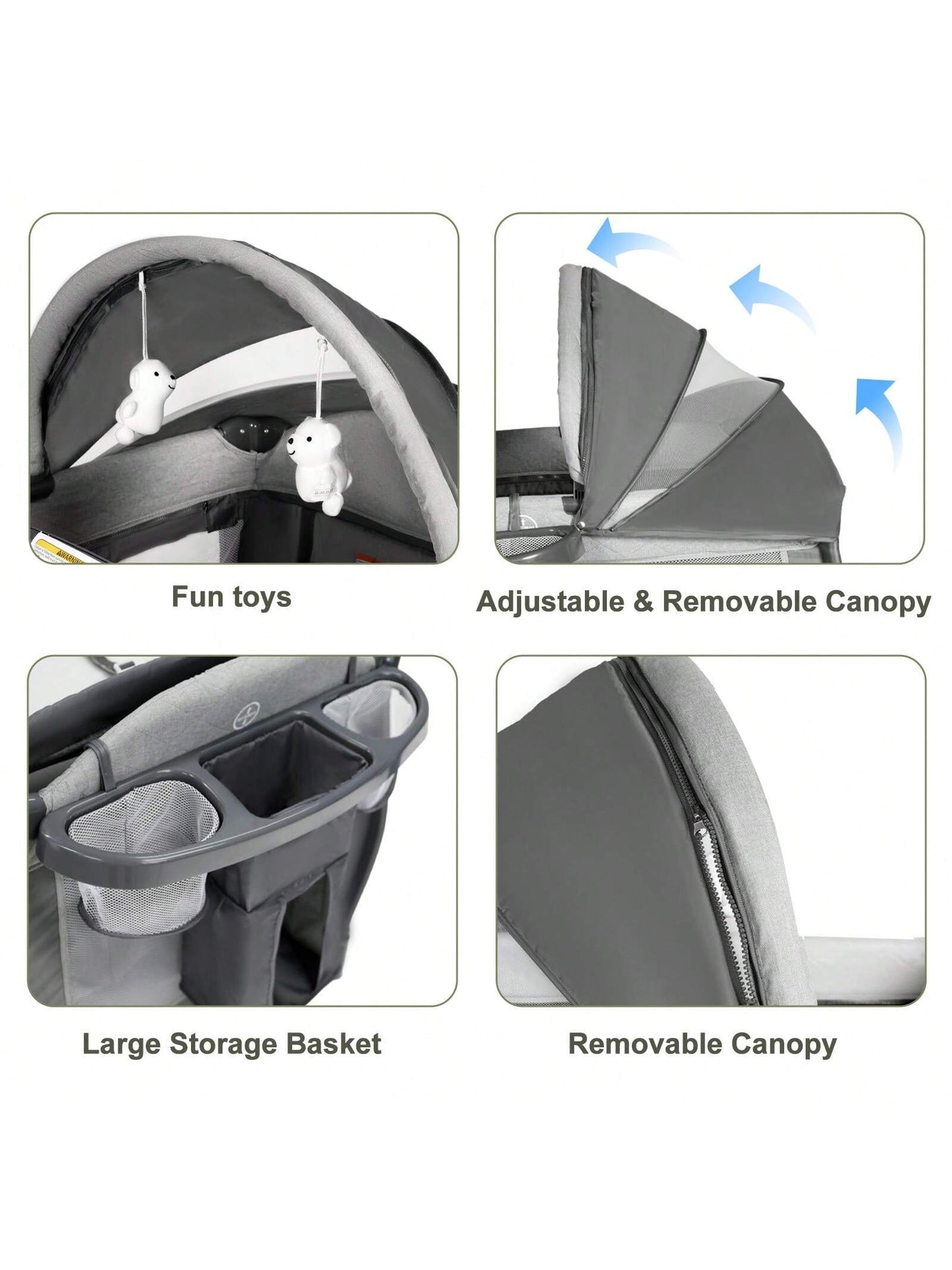 Kinder King 4-In-1 Portable Baby Bassinet, Foldable Bedside Crib With Adjustable Canopy, Storage Basket For Infants & Toddlers, Gray