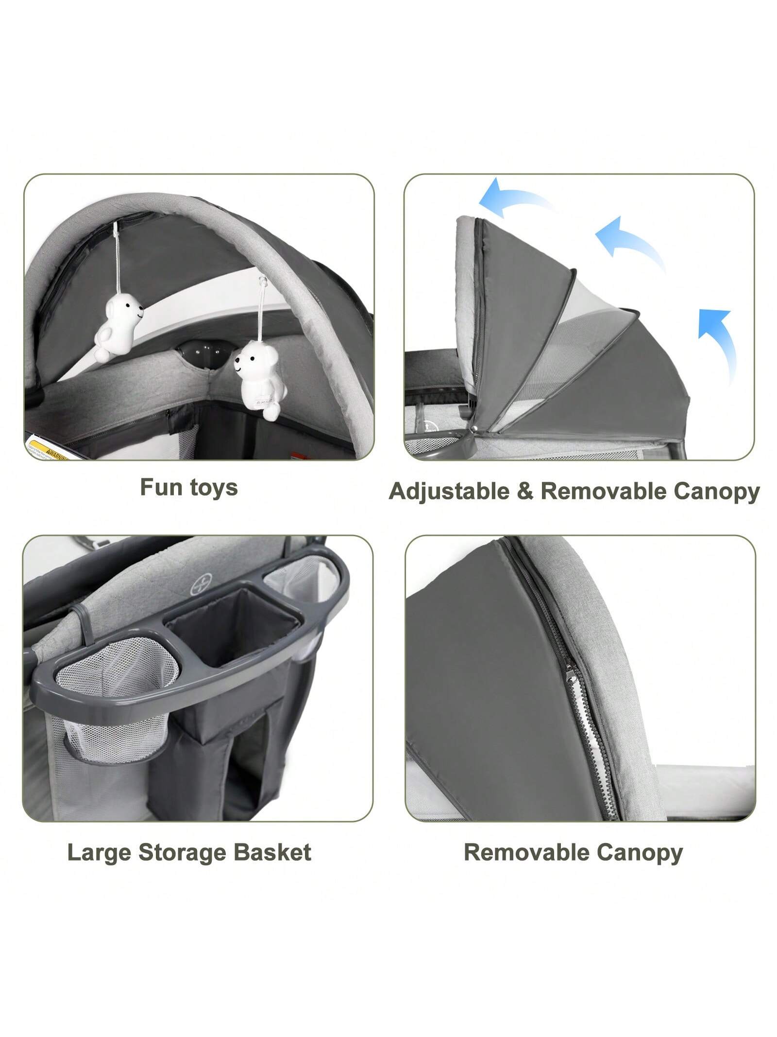 Kinder King 4-In-1 Portable Baby Bassinet, Foldable Bedside Crib With Adjustable Canopy, Storage Basket For Infants & Toddlers, Gray