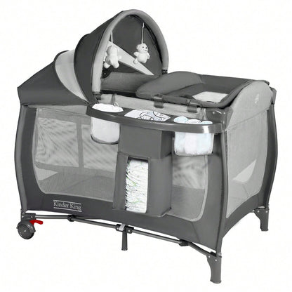 Kinder King 4-In-1 Portable Baby Bassinet, Foldable Bedside Crib With Adjustable Canopy, Storage Basket For Infants & Toddlers, Gray