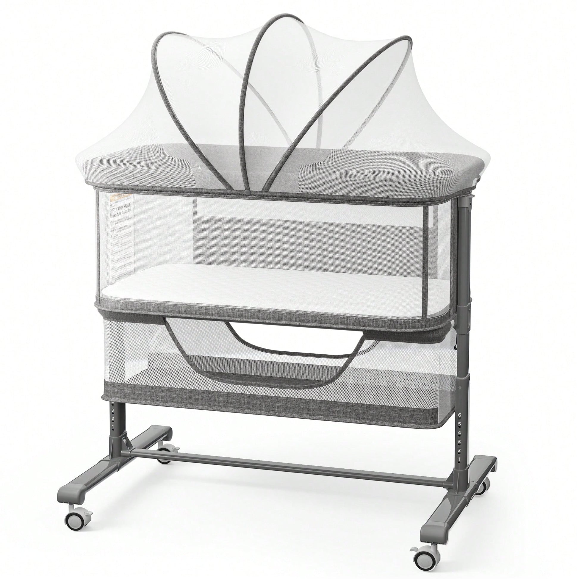 Kinder King Baby Bassinet With Storage Basket&Mosquito Net,Newborn Bedside Crib With Wheels,All-Sided Mesh,Adjustable Height,Removable Soft Matt,Gray
