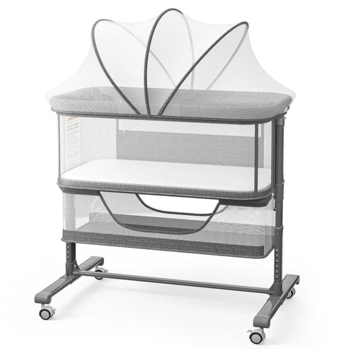 Kinder King Baby Bassinet With Storage Basket&Mosquito Net,Newborn Bedside Crib With Wheels,All-Sided Mesh,Adjustable Height,Removable Soft Matt,Gray