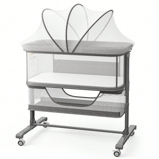 Kinder King Baby Bassinet With Storage Basket&Mosquito Net,Newborn Bedside Crib With Wheels,All-Sided Mesh,Adjustable Height,Removable Soft Matt,Gray
