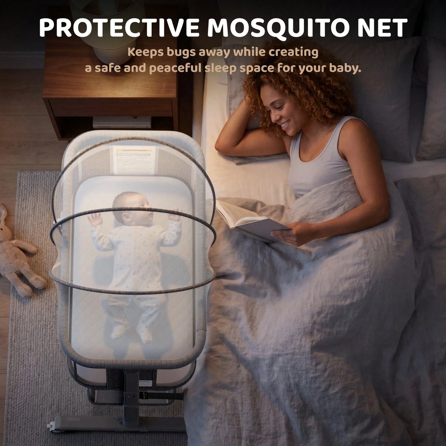 Kinder King Baby Bassinet With Storage Basket&Mosquito Net,Newborn Bedside Crib With Wheels,All-Sided Mesh,Adjustable Height,Removable Soft Matt,Gray