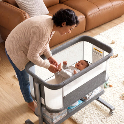 Kinder King Baby Bassinet With Storage Basket&Mosquito Net,Newborn Bedside Crib With Wheels,All-Sided Mesh,Adjustable Height,Removable Soft Matt,Gray