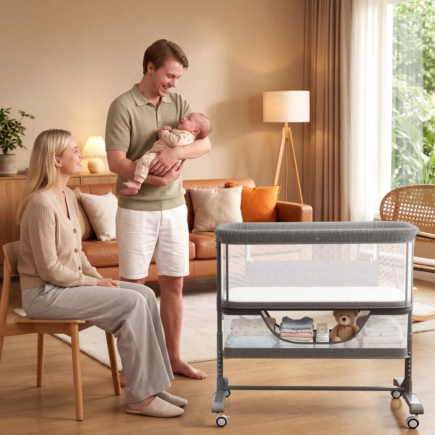 Kinder King Baby Bassinet With Storage Basket&Mosquito Net,Newborn Bedside Crib With Wheels,All-Sided Mesh,Adjustable Height,Removable Soft Matt,Gray