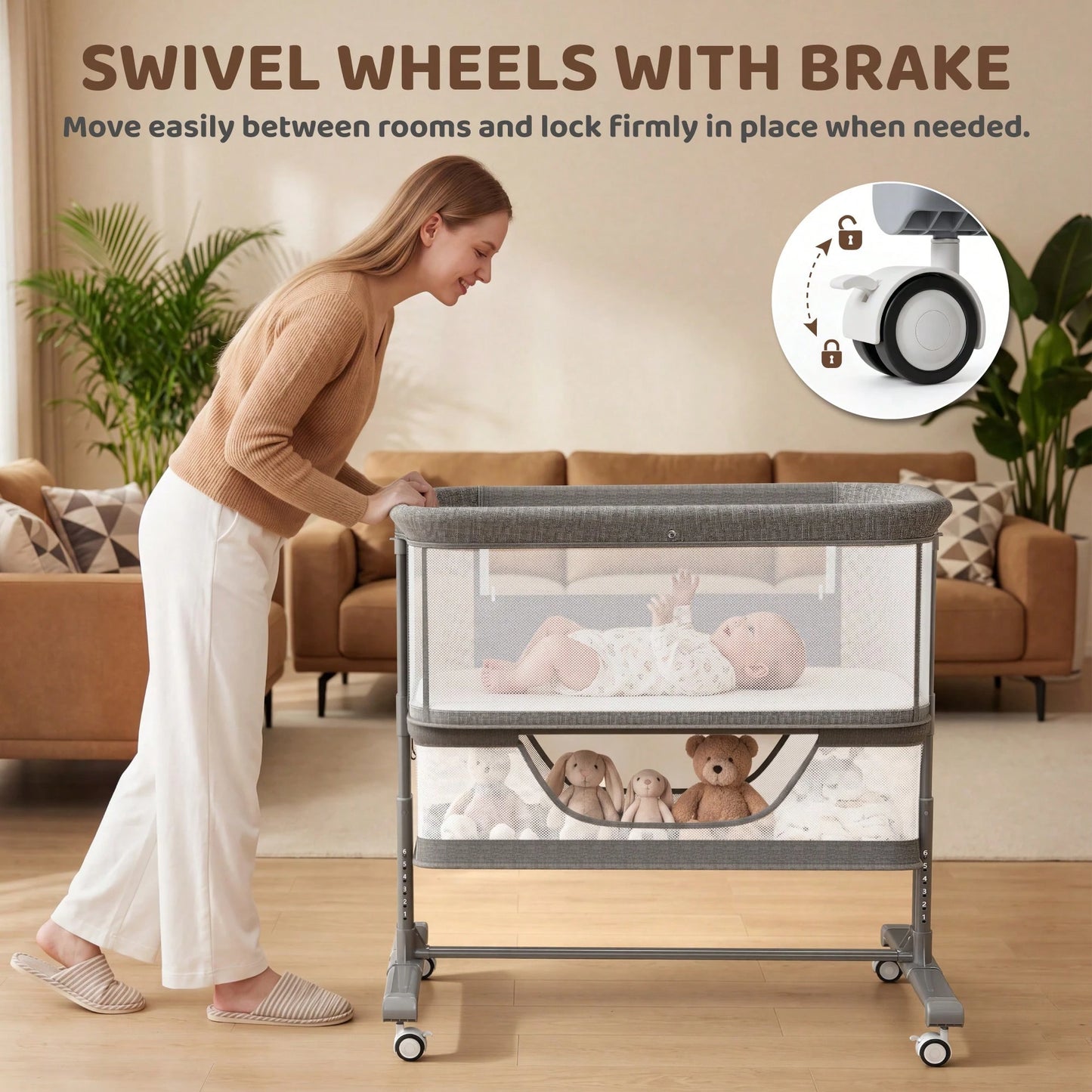 Kinder King Baby Bassinet With Storage Basket&Mosquito Net,Newborn Bedside Crib With Wheels,All-Sided Mesh,Adjustable Height,Removable Soft Matt,Gray