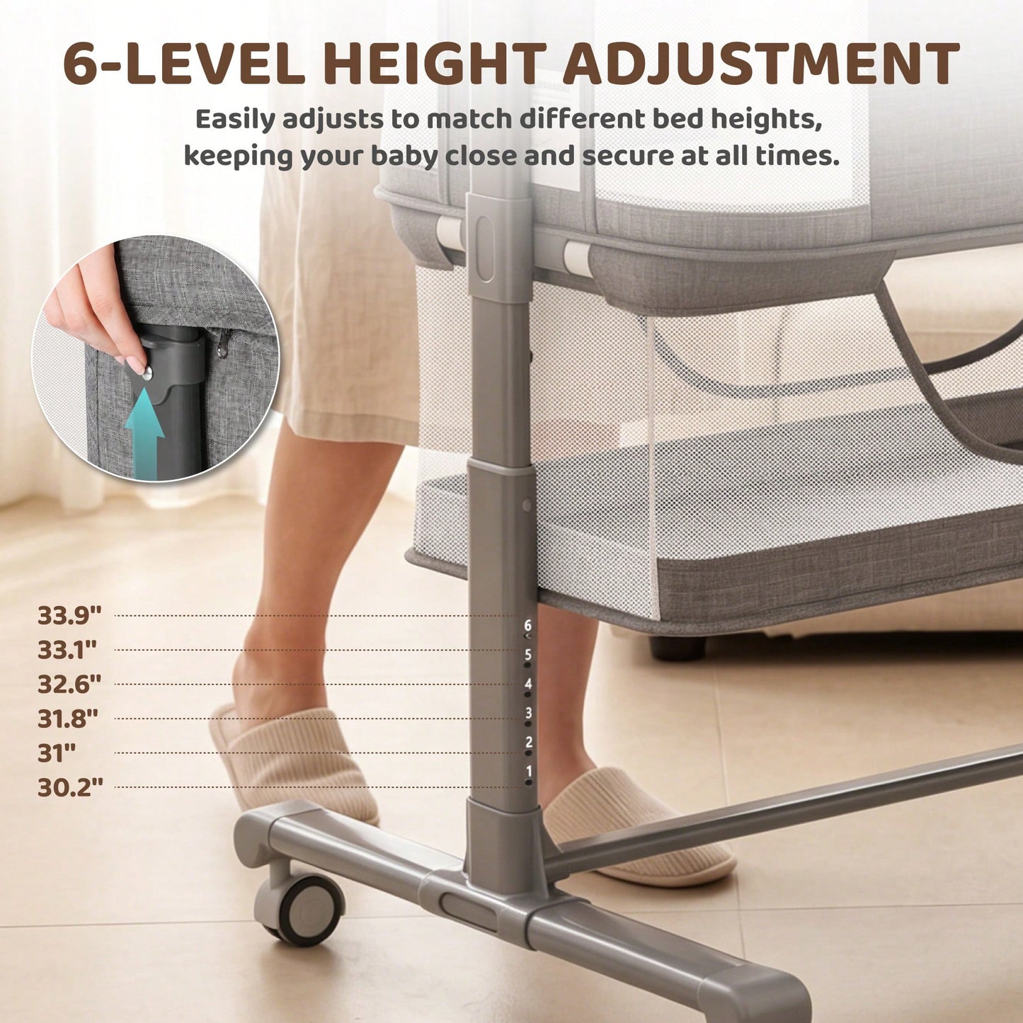 Kinder King Baby Bassinet With Storage Basket&Mosquito Net,Newborn Bedside Crib With Wheels,All-Sided Mesh,Adjustable Height,Removable Soft Matt,Gray