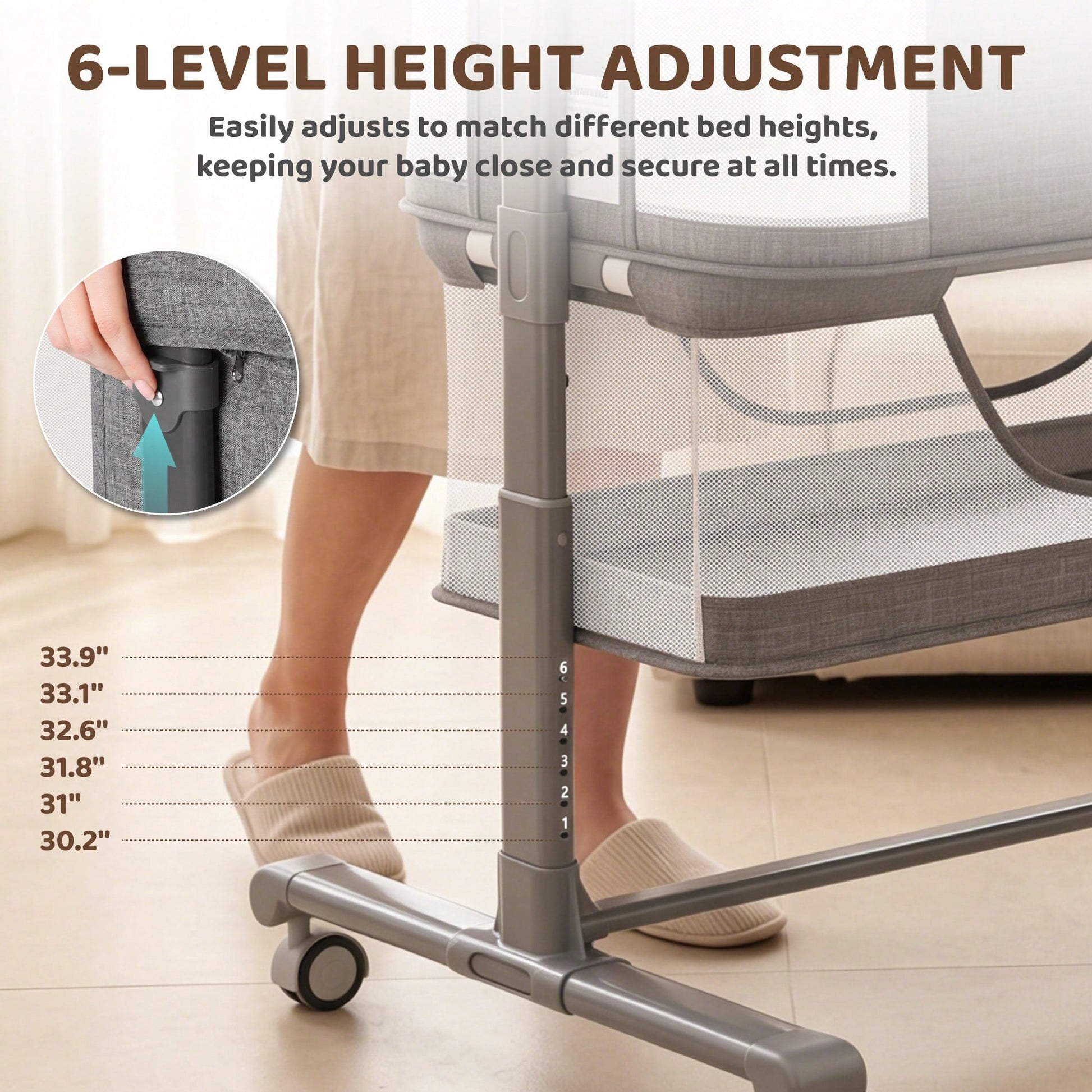 Kinder King Baby Bassinet With Storage Basket&Mosquito Net,Newborn Bedside Crib With Wheels,All-Sided Mesh,Adjustable Height,Removable Soft Matt,Gray