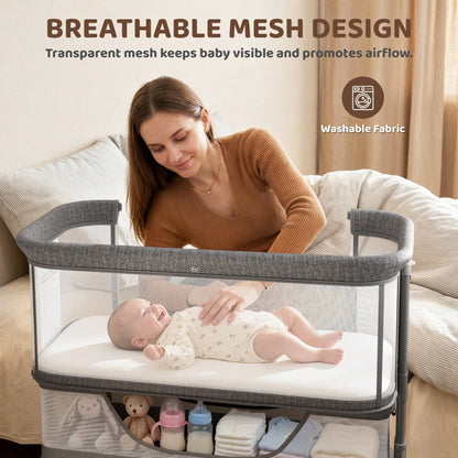Kinder King Baby Bassinet With Storage Basket&Mosquito Net,Newborn Bedside Crib With Wheels,All-Sided Mesh,Adjustable Height,Removable Soft Matt,Gray