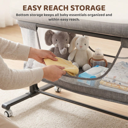 Kinder King Baby Bassinet With Storage Basket&Mosquito Net,Newborn Bedside Crib With Wheels,All-Sided Mesh,Adjustable Height,Removable Soft Matt,Gray