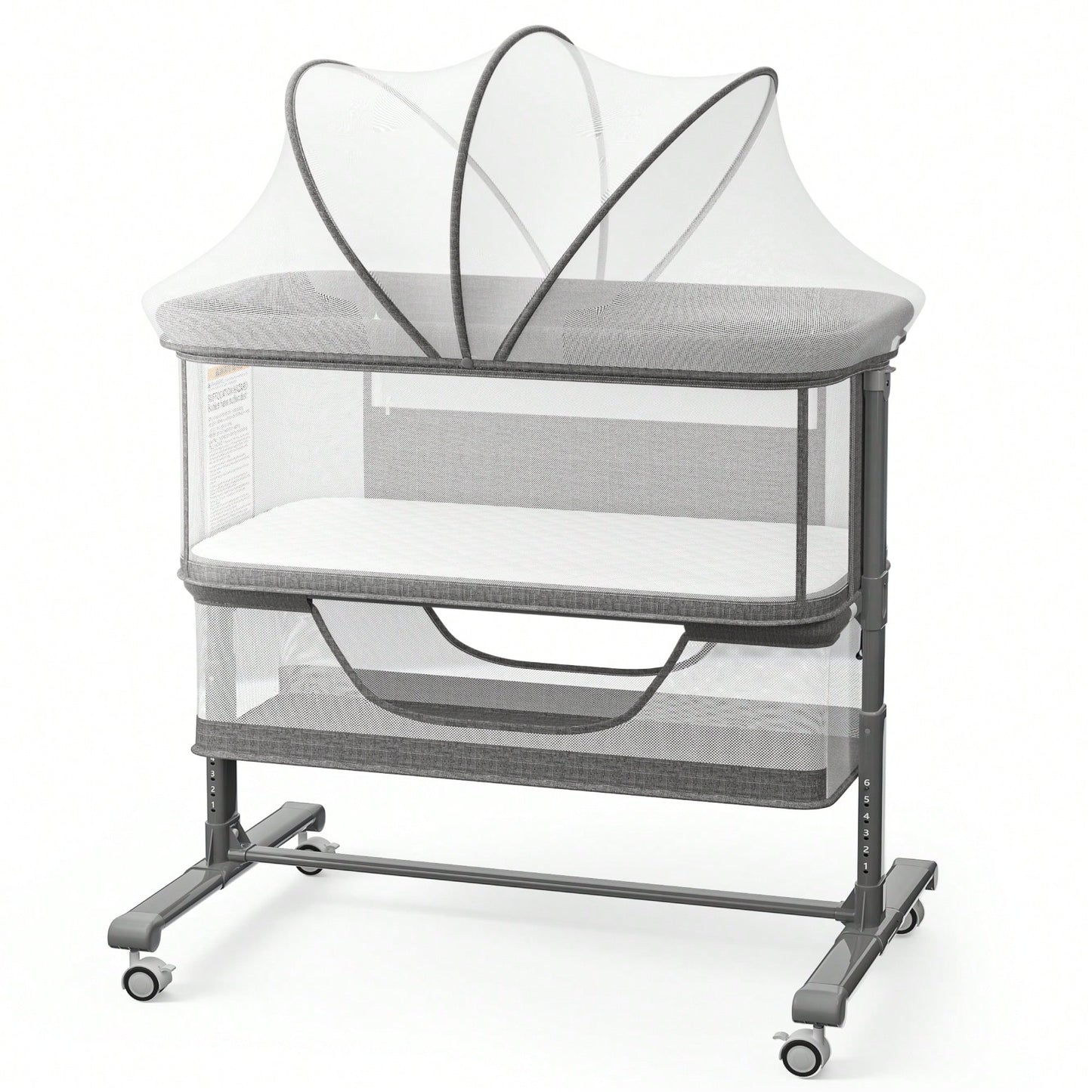 Kinder King Baby Bassinet With Storage Basket&Mosquito Net,Newborn Bedside Crib With Wheels,All-Sided Mesh,Adjustable Height,Removable Soft Matt,Gray