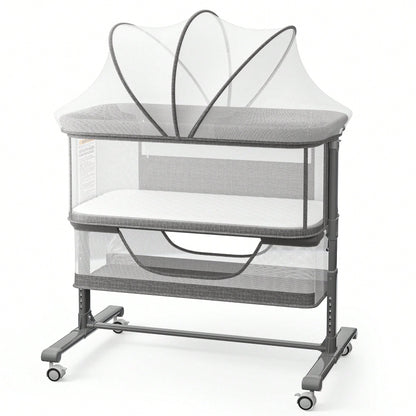 Kinder King Baby Bassinet With Storage Basket&Mosquito Net,Newborn Bedside Crib With Wheels,All-Sided Mesh,Adjustable Height,Removable Soft Matt,Gray