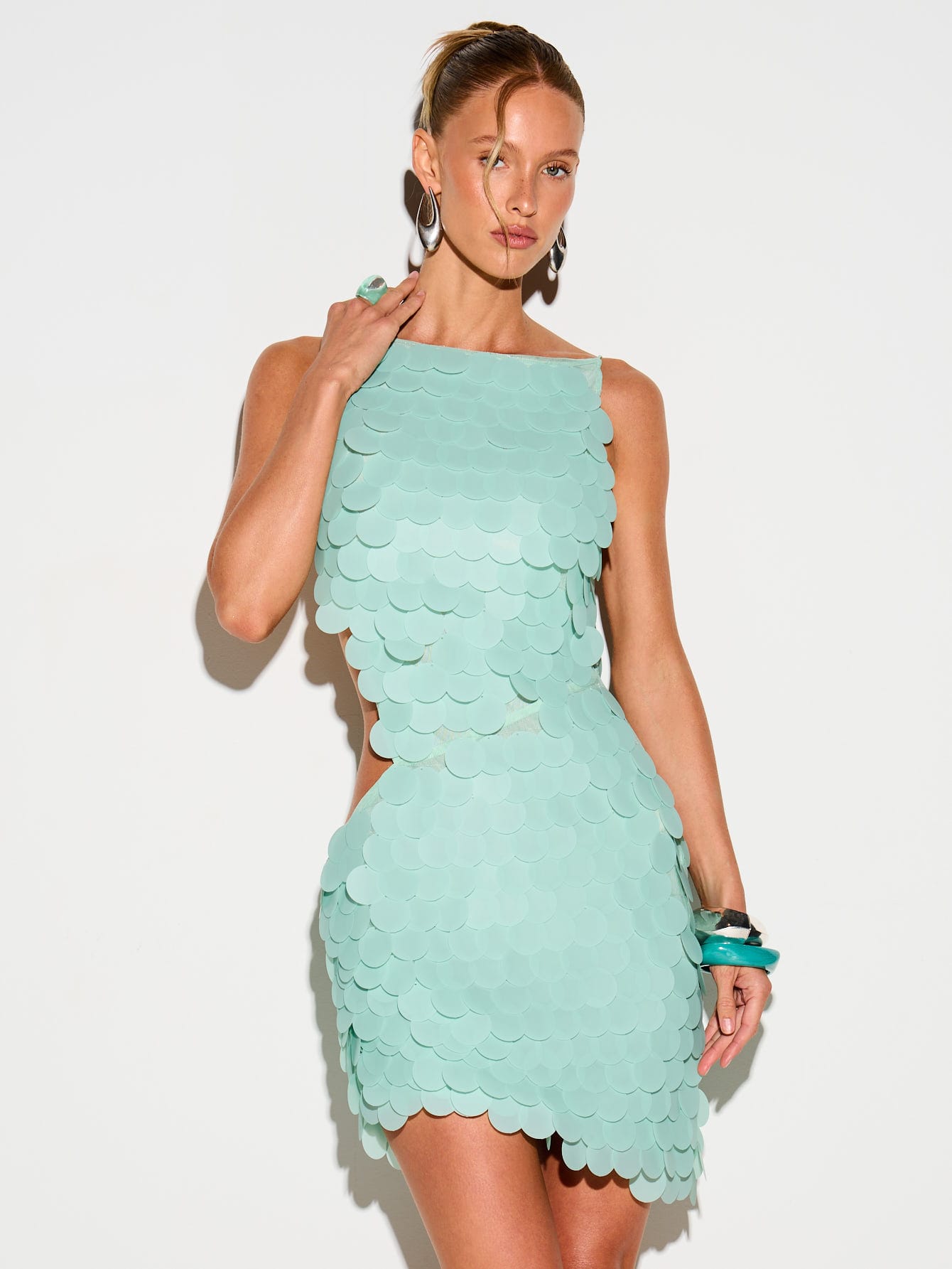 KIZN Turquoise Sequin Mini Dress Halter Neck Sleeveless Bodycon Party Club Night Out Summer Evening Backless Scalloped Edge Stretch