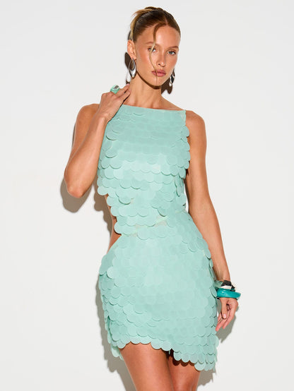 KIZN Turquoise Sequin Mini Dress Halter Neck Sleeveless Bodycon Party Club Night Out Summer Evening Backless Scalloped Edge Stretch