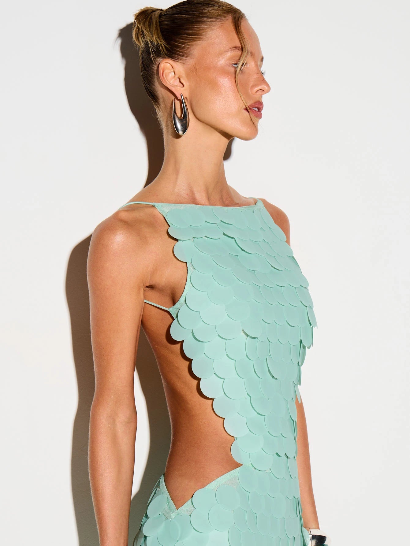 KIZN Turquoise Sequin Mini Dress Halter Neck Sleeveless Bodycon Party Club Night Out Summer Evening Backless Scalloped Edge Stretch