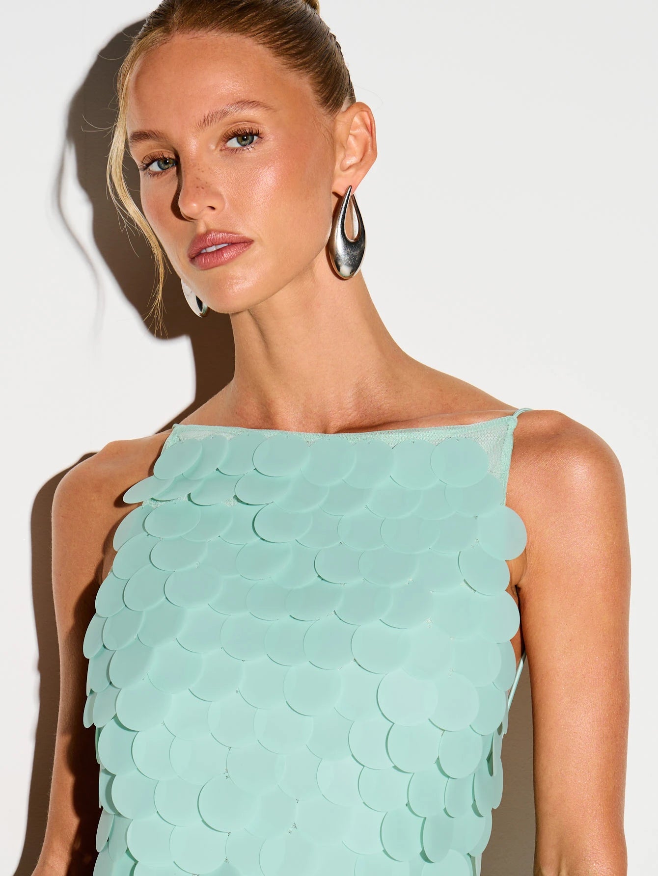 KIZN Turquoise Sequin Mini Dress Halter Neck Sleeveless Bodycon Party Club Night Out Summer Evening Backless Scalloped Edge Stretch