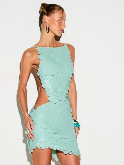KIZN Turquoise Sequin Mini Dress Halter Neck Sleeveless Bodycon Party Club Night Out Summer Evening Backless Scalloped Edge Stretch