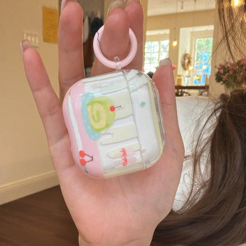 Korean Style Minimalist Premium Matcha Cake Roll Earphone Case With Hanging Ring, Compatible With AirPods 4, Cute Earphone Cover Compatible With Apple 2, 3, New Protective Case With Pendant, Pro 3, Pr