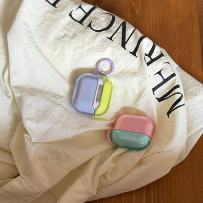 Korean Style Minimalist Semi-Transparent Dual-Panel Colorblock Earphone Case With Hanging Ring, Compatible With AirPods 4, 2, 3, Pro 3, Pro 2, Cute Protective Cover With Pendant, Spring/Summer Earphon