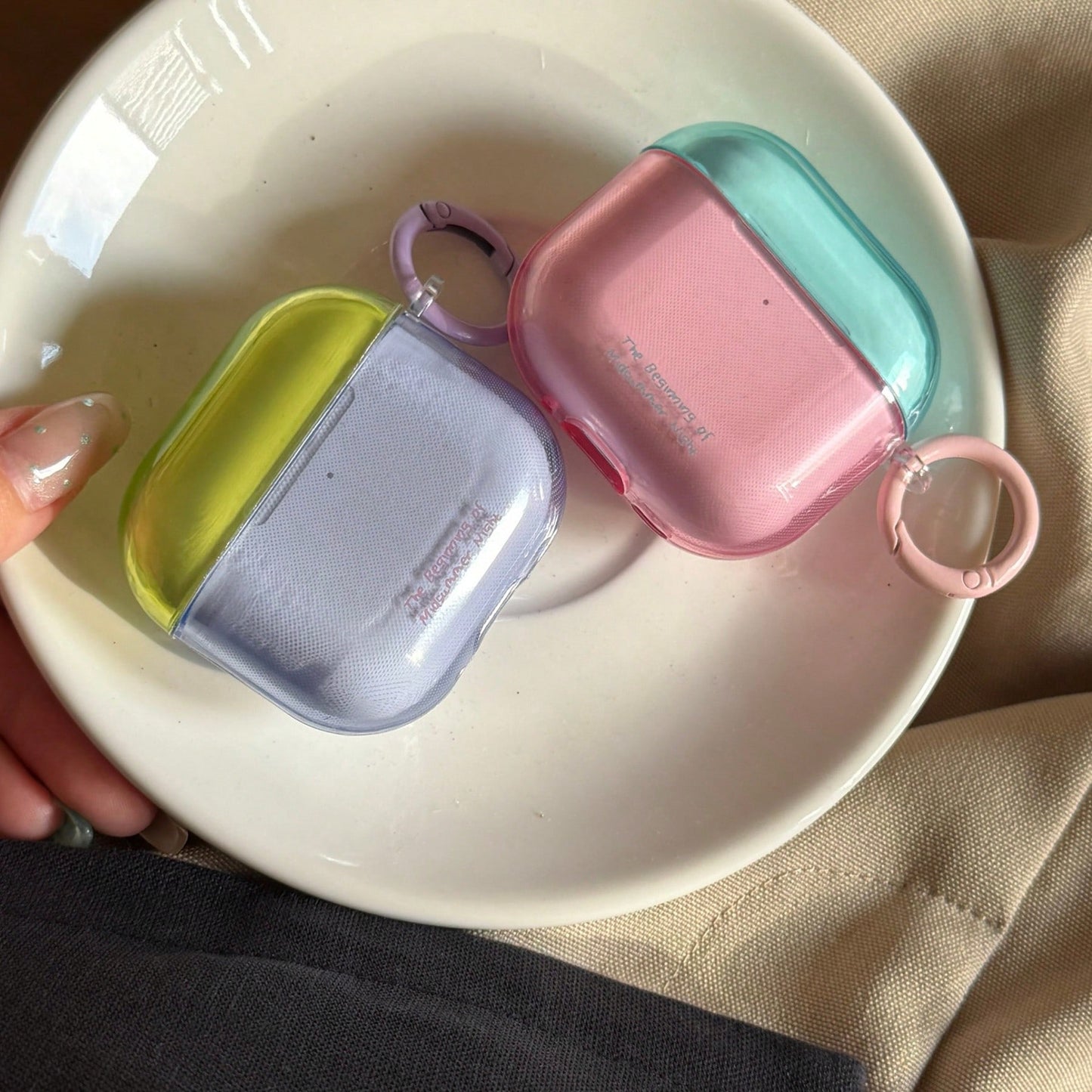 Korean Style Minimalist Semi-Transparent Dual-Panel Colorblock Earphone Case With Hanging Ring, Compatible With AirPods 4, 2, 3, Pro 3, Pro 2, Cute Protective Cover With Pendant, Spring/Summer Earphon