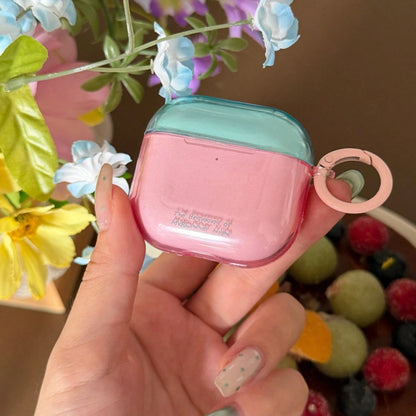 Korean Style Minimalist Semi-Transparent Dual-Panel Colorblock Earphone Case With Hanging Ring, Compatible With AirPods 4, 2, 3, Pro 3, Pro 2, Cute Protective Cover With Pendant, Spring/Summer Earphon
