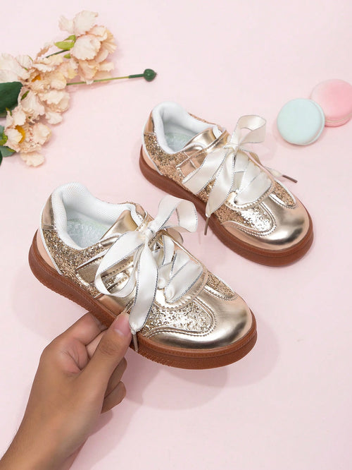 Korean Style Sequin Lace Trim Girls Princess Sneakers, Spring 2026 New Casual Shoes For Kids