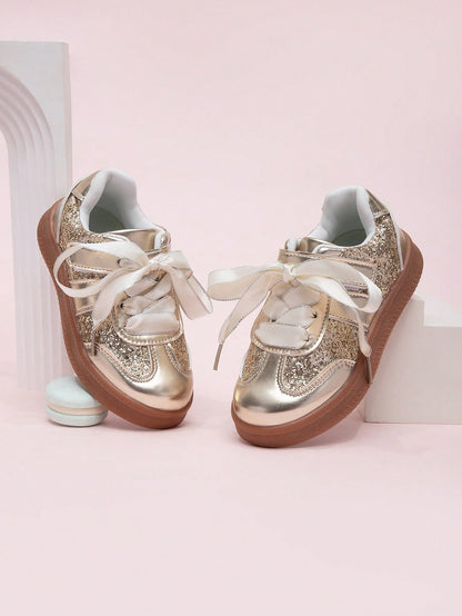Korean Style Sequin Lace Trim Girls Princess Sneakers, Spring 2026 New Casual Shoes For Kids