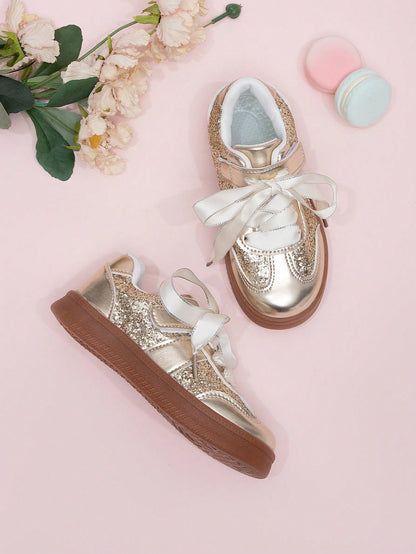 Korean Style Sequin Lace Trim Girls Princess Sneakers, Spring 2026 New Casual Shoes For Kids