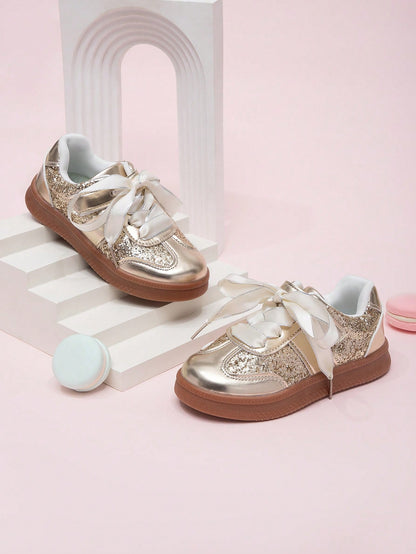Korean Style Sequin Lace Trim Girls Princess Sneakers, Spring 2026 New Casual Shoes For Kids