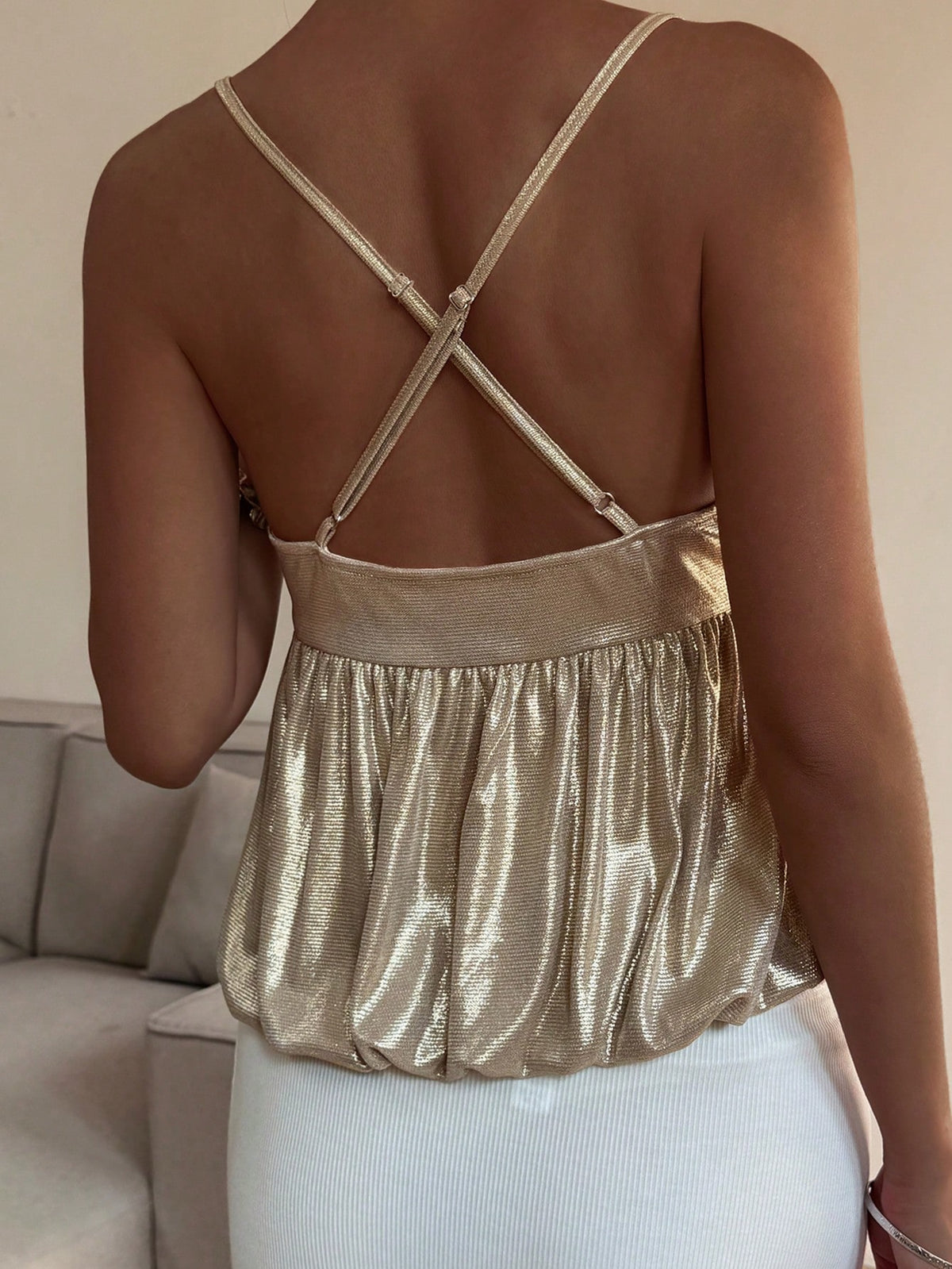 Korevelle Gold Sequin Spaghetti Strap Women's Tank Top