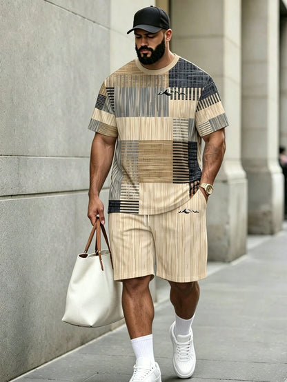 KRYTIVO Plus Size Graffiti Set For Men, Black & Orange Contrast King Print Short Sleeve & Shorts 2-Piece Set, Loose Fit Slimming American Street Casual Sportswear