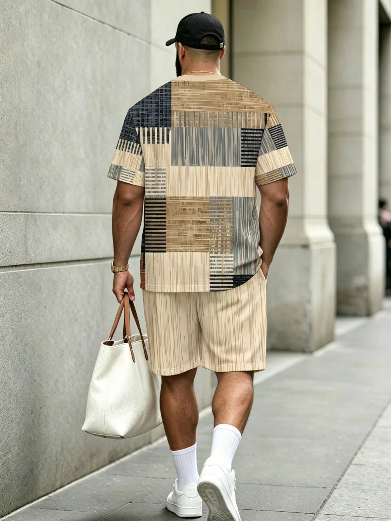 KRYTIVO Plus Size Graffiti Set For Men, Black & Orange Contrast King Print Short Sleeve & Shorts 2-Piece Set, Loose Fit Slimming American Street Casual Sportswear