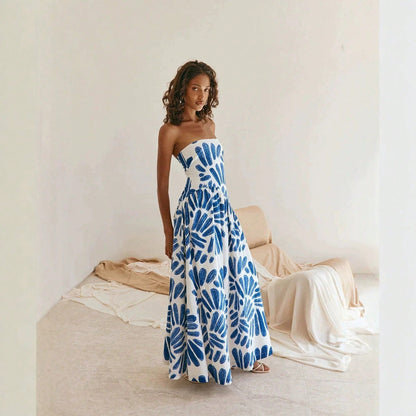 KZKZWK Abstract Brushstroke Print Strapless Maxi Dress, White & Blue A-Line Vacation Sundress
