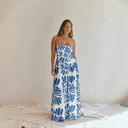KZKZWK Abstract Brushstroke Print Strapless Maxi Dress, White & Blue A-Line Vacation Sundress
