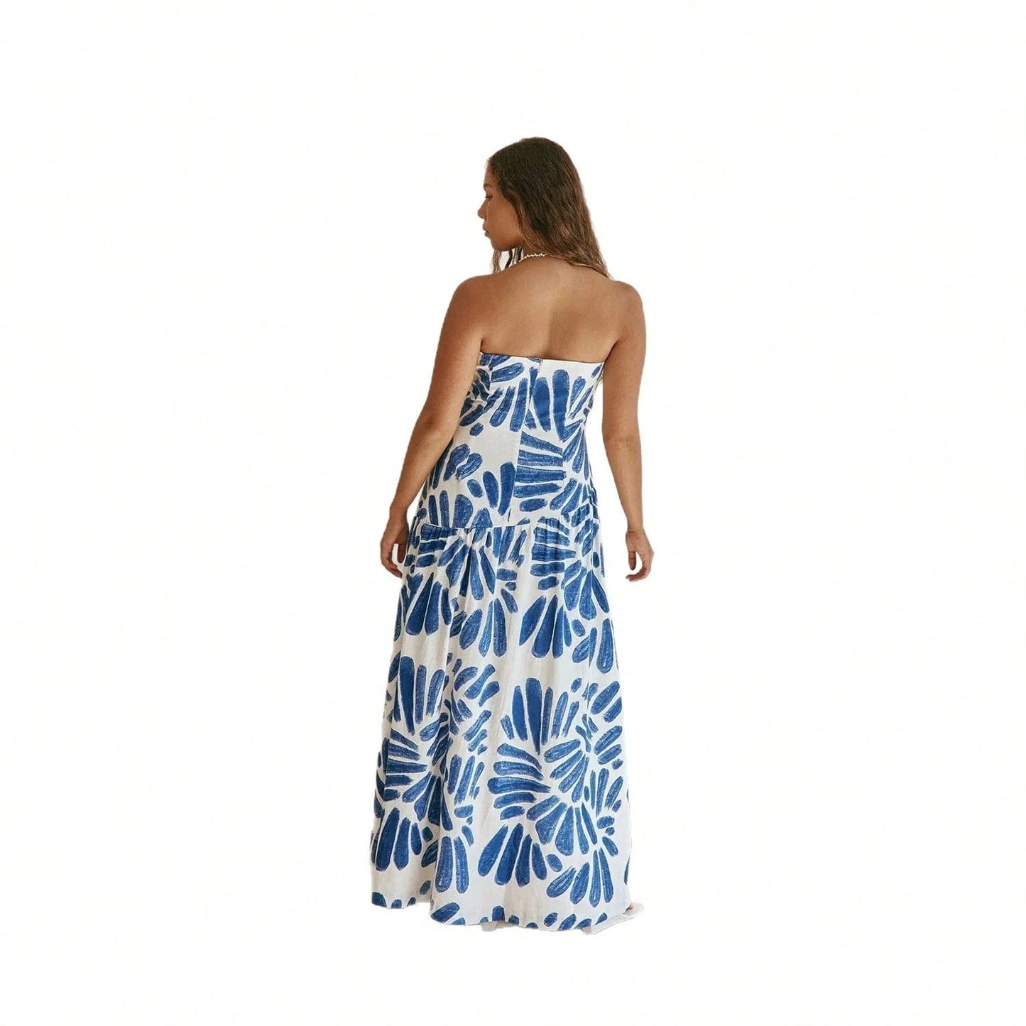 KZKZWK Abstract Brushstroke Print Strapless Maxi Dress, White & Blue A-Line Vacation Sundress