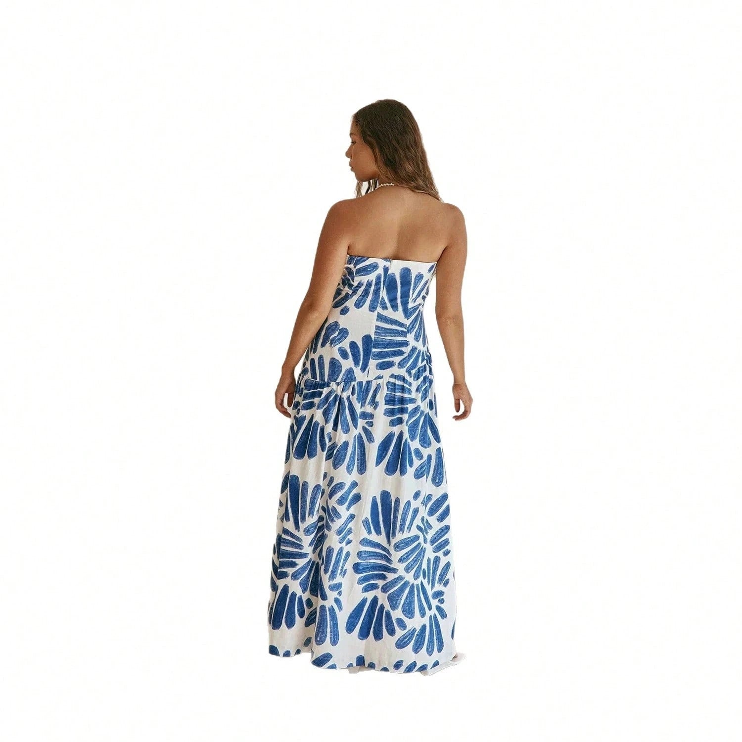 KZKZWK Abstract Brushstroke Print Strapless Maxi Dress, White & Blue A-Line Vacation Sundress