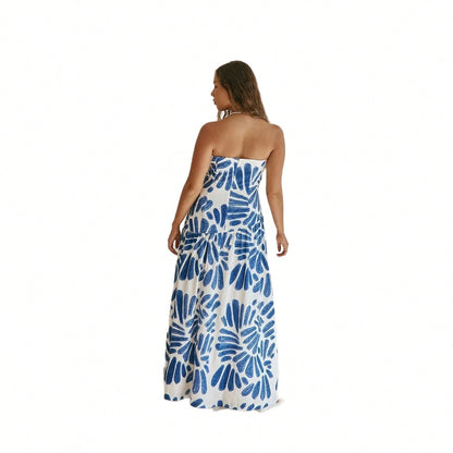KZKZWK Abstract Brushstroke Print Strapless Maxi Dress, White & Blue A-Line Vacation Sundress
