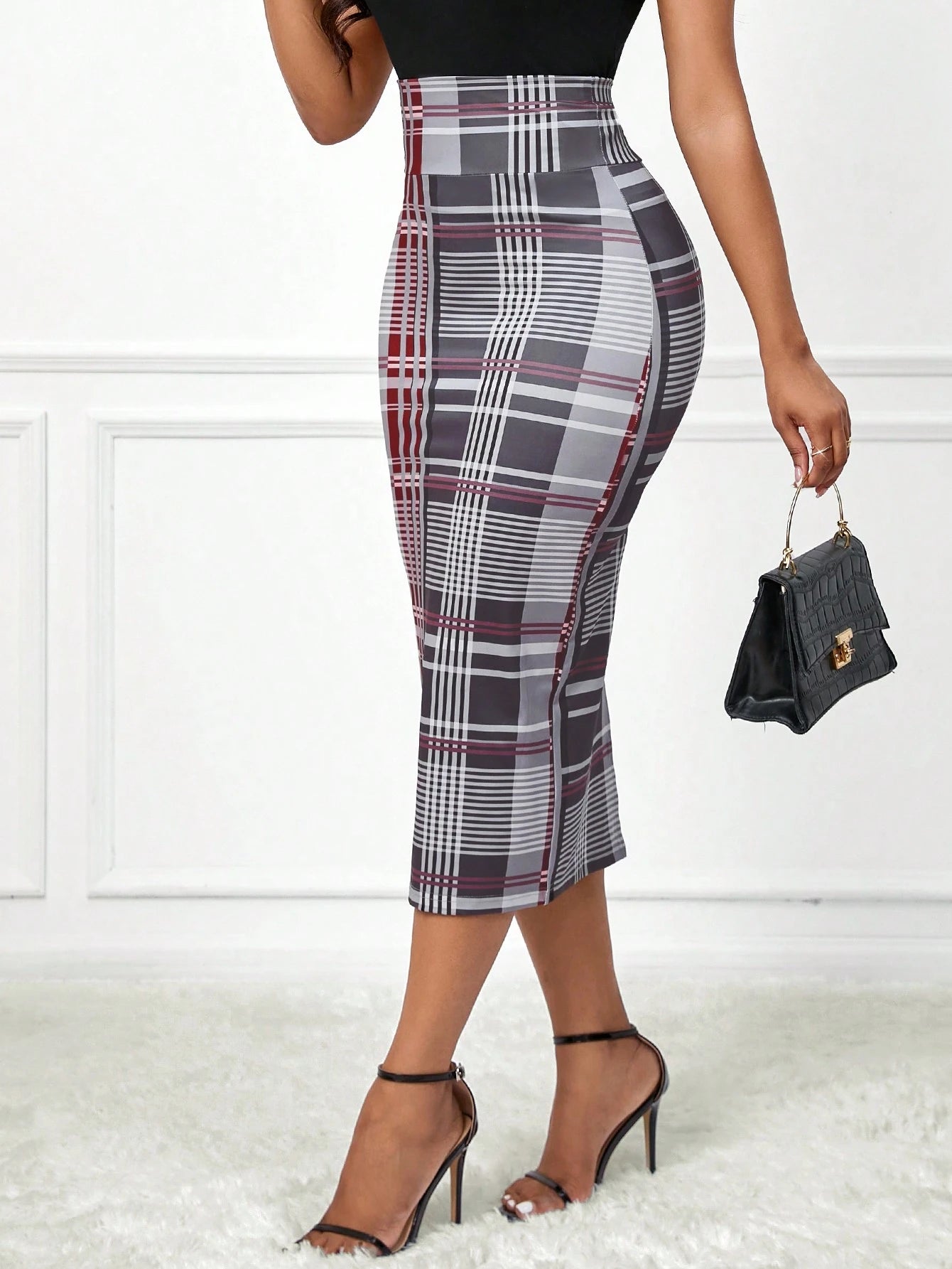 Lady Autumn And Winter Elegant Work Work Office Office Grey Plaid Plaid Knitted Split Midi Skirts
