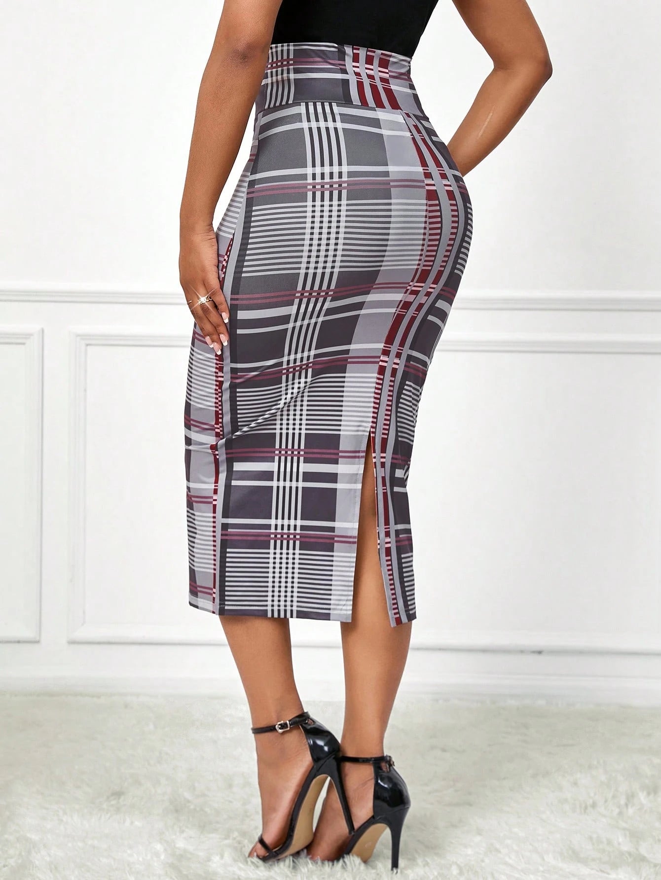 Lady Autumn And Winter Elegant Work Work Office Office Grey Plaid Plaid Knitted Split Midi Skirts