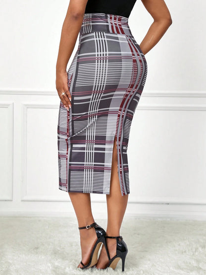 Lady Autumn And Winter Elegant Work Work Office Office Grey Plaid Plaid Knitted Split Midi Skirts