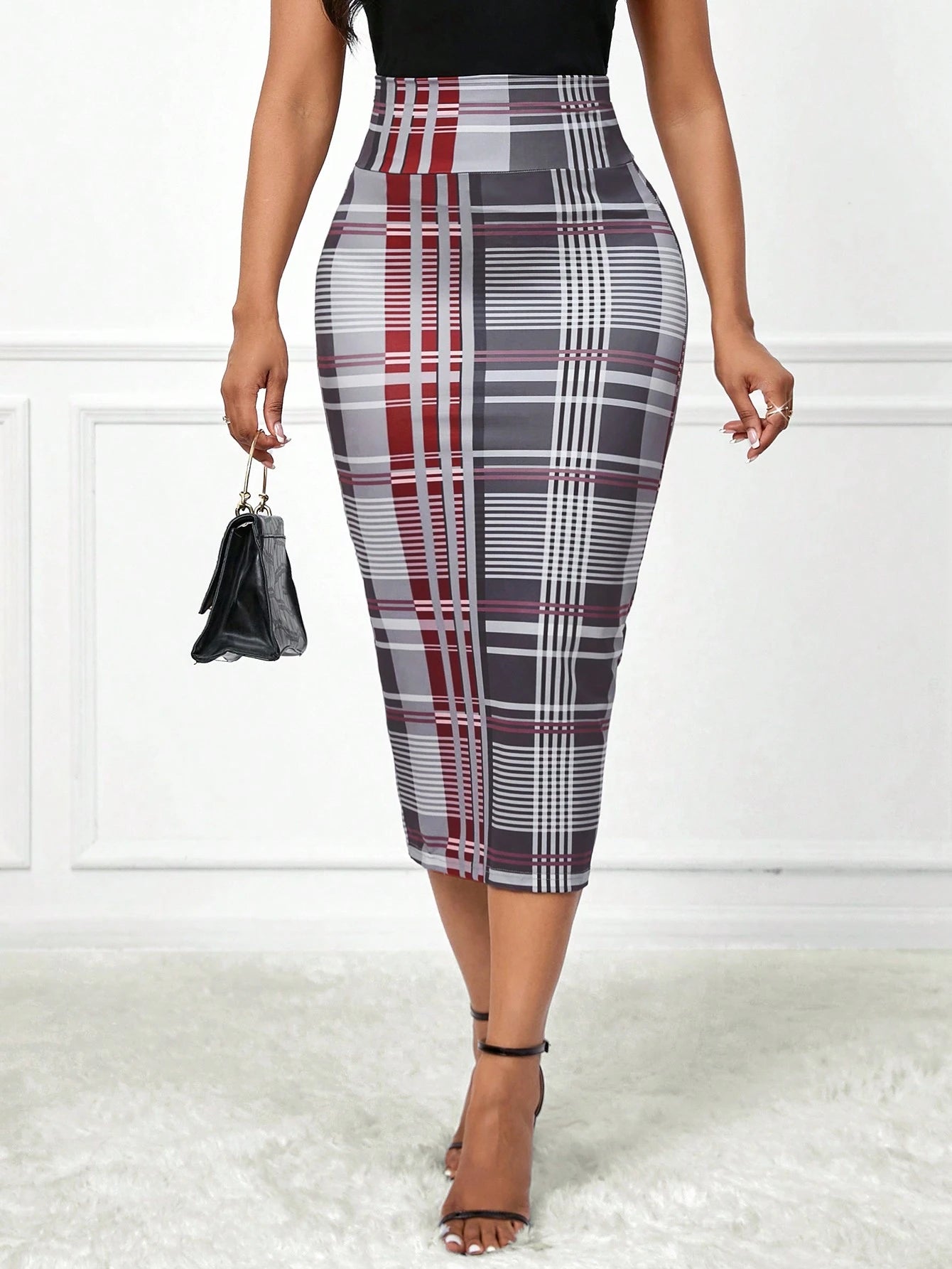 Lady Autumn And Winter Elegant Work Work Office Office Grey Plaid Plaid Knitted Split Midi Skirts